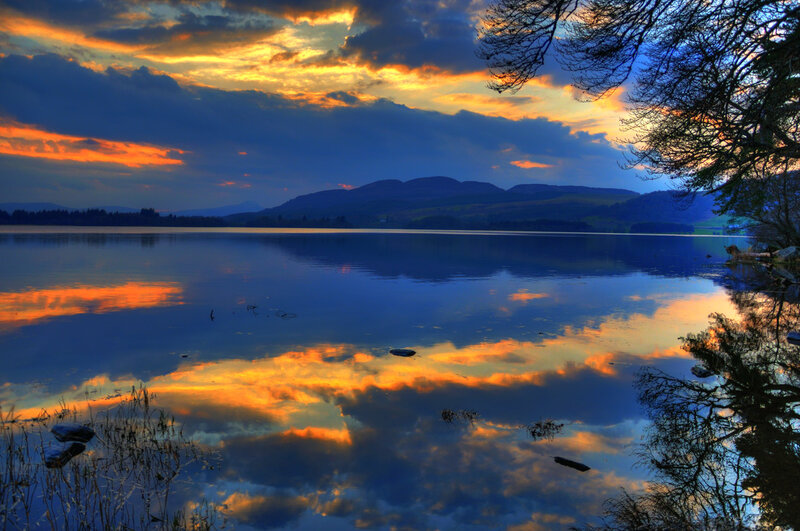 Sunset over Lake — Blue, Dramatic, Photograph, Mountains, Clouds