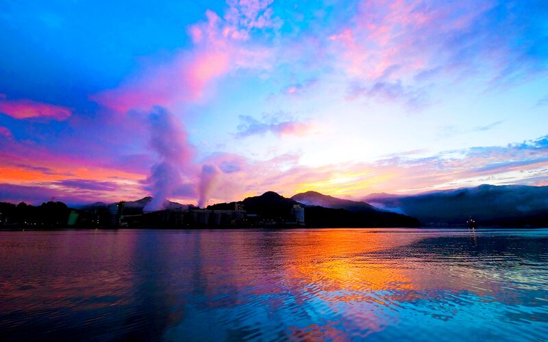 Sunset over Lake — Blue, Dramatic, Photograph, Mountains, Factory