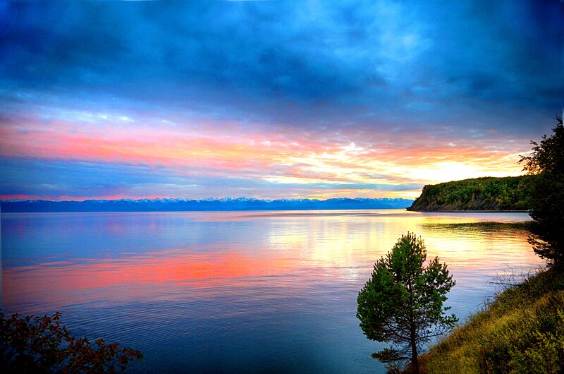 Sunset over Lake — Blue, Dramatic, Photograph, Mountains, Trees, Sky