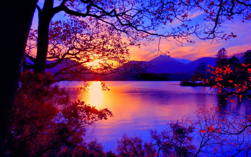 Sunset over Lake — Blue, Dramatic, Photograph, Mountains, Trees