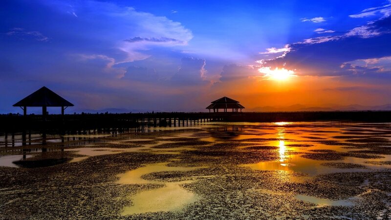 Sunset over Lake — Blue, Dramatic, Photograph, Pavilions