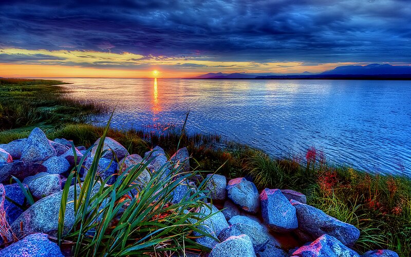 Sunset over Lake — Blue, Dramatic, Photograph, Rocks, Grass