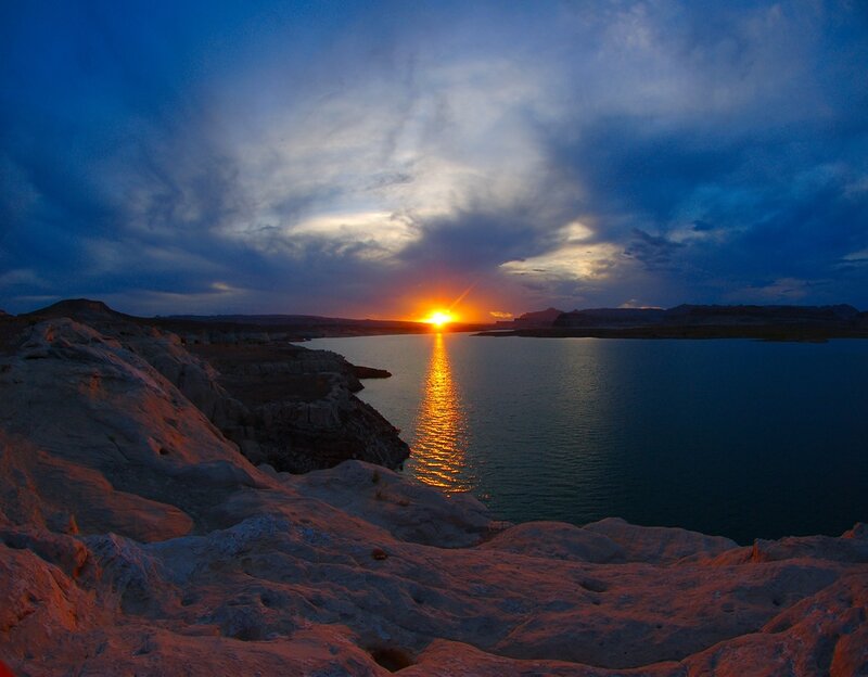 Sunset over Lake — Blue, Dramatic, Photograph, Rocks