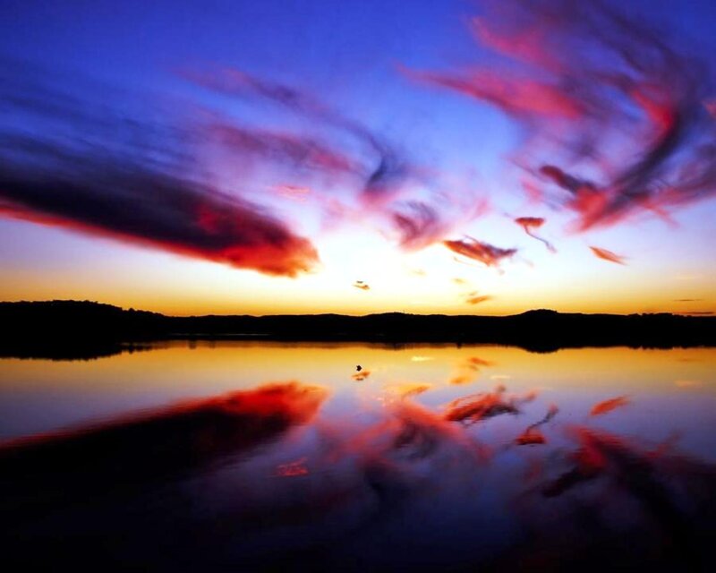 Sunset over Lake — Blue, Dramatic, Photograph, Sky, Clouds, Silhouette