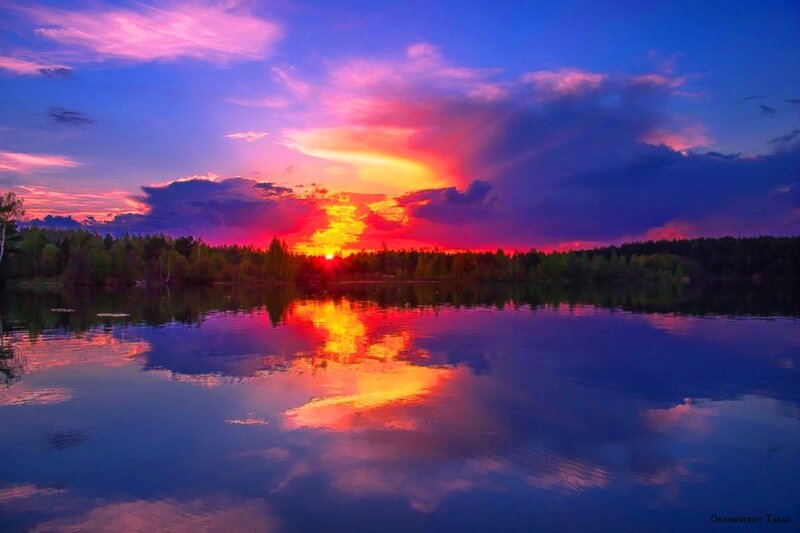 Sunset over Lake — Blue, Dramatic, Photograph, Sky, Clouds, Trees, Reflection