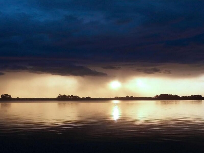 Sunset over Lake — Blue, Dramatic, Photograph, Sky, Clouds, Trees