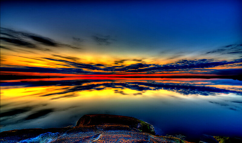 Sunset over Lake — Blue, Dramatic, Photograph, Sky, Clouds, Water