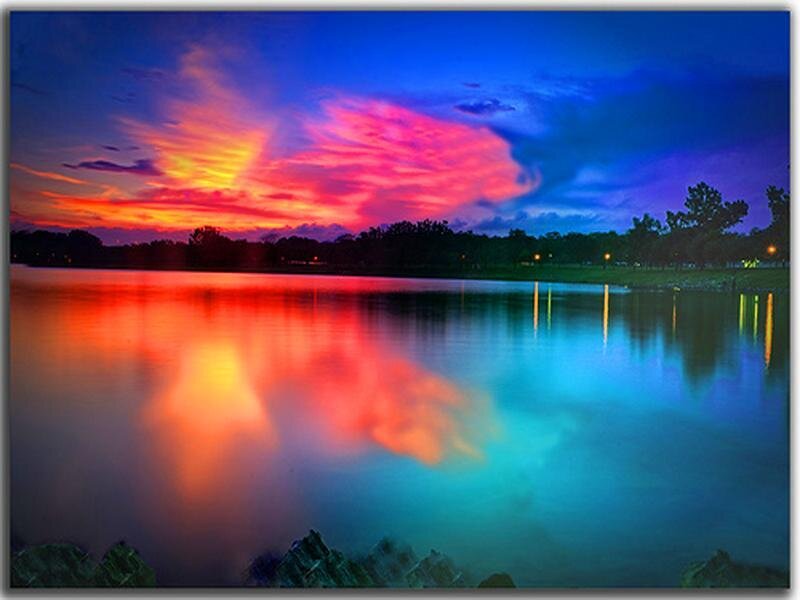 Sunset over Lake — Blue, Dramatic, Photograph, Sky