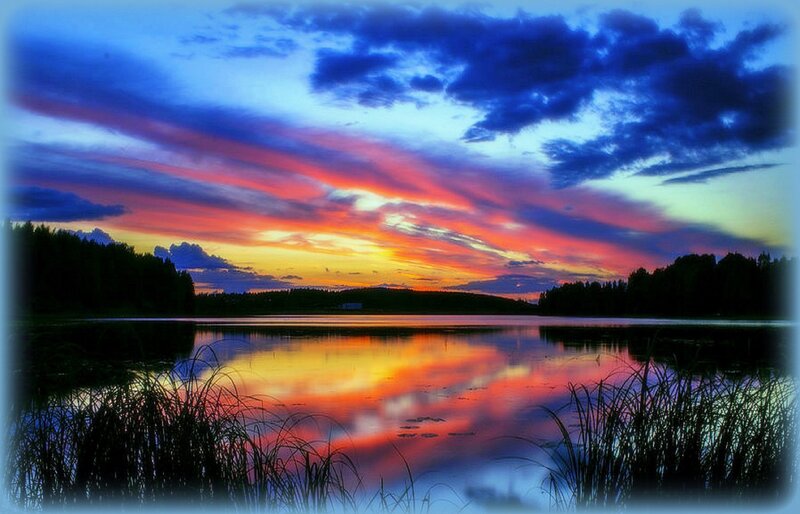 Sunset over Lake — Blue, Dramatic, Photograph, Sky, Trees, Grass