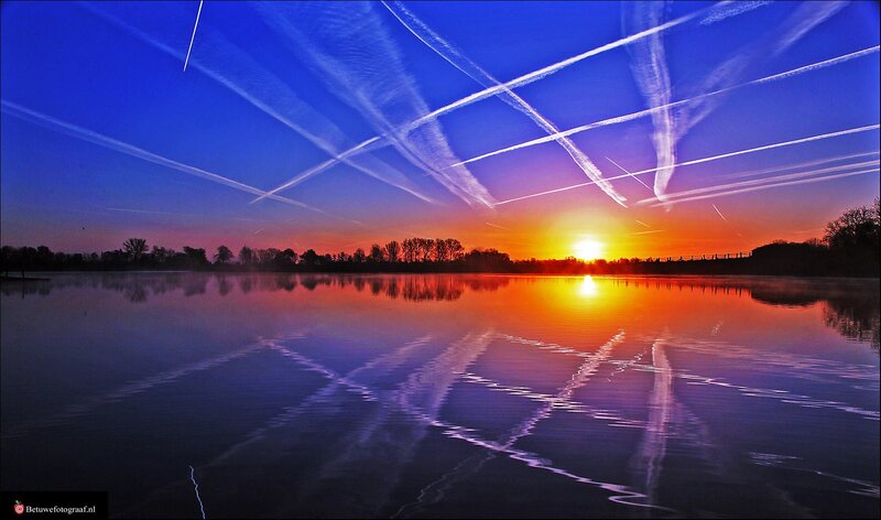 Sunset over Lake — Blue, Dramatic, Photograph, Sky, Trees, Reflection, Orange