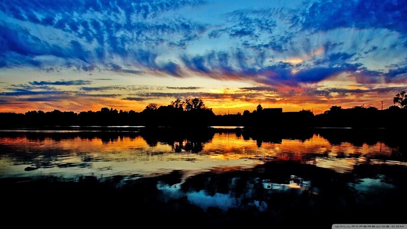 Sunset over Lake — Blue, Dramatic, Photograph, Sky, Trees