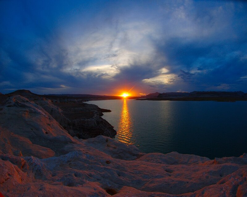 Sunset over Lake — Blue, Dramatic, Photograph, Sky, Water