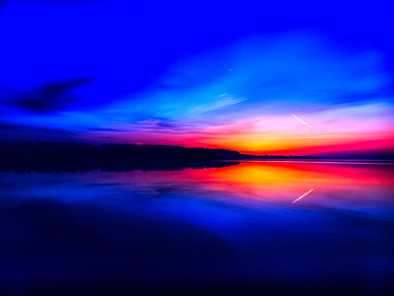 Sunset over Lake — Blue, Dramatic, Photograph, Sky, Water, Trees