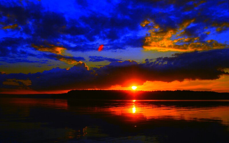 Sunset over Lake — Blue, Dramatic, Photograph, Sun