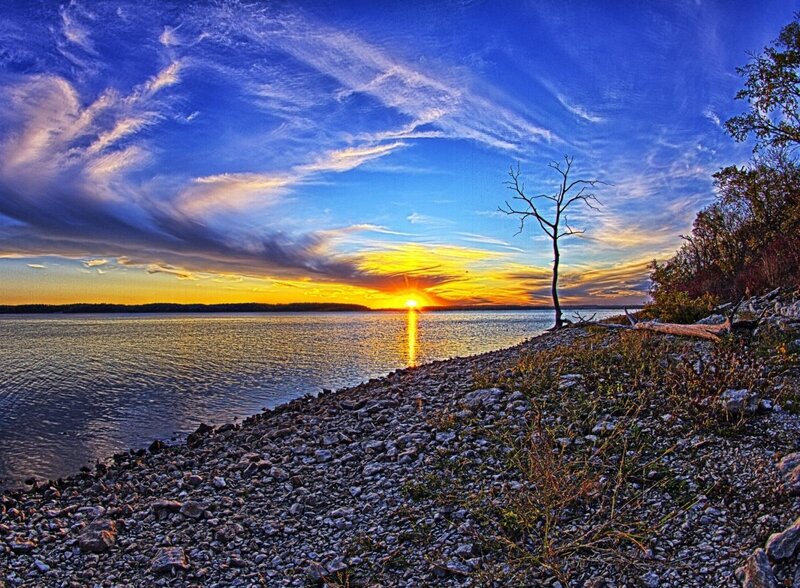 Sunset over Lake — Blue, Dramatic, Photograph, Tree