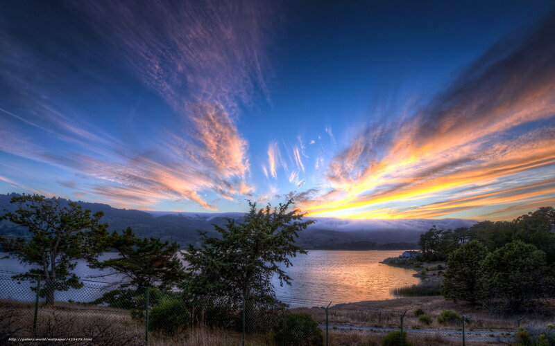 Sunset over Lake — Blue, Dramatic, Photograph, Trees, Clouds, Mountains