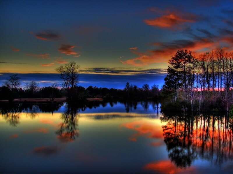 Sunset over Lake — Blue, Dramatic, Photograph, Trees, Clouds
