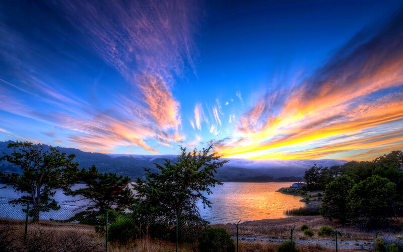 Sunset over Lake — Blue, Dramatic, Photograph, Trees, Mountains