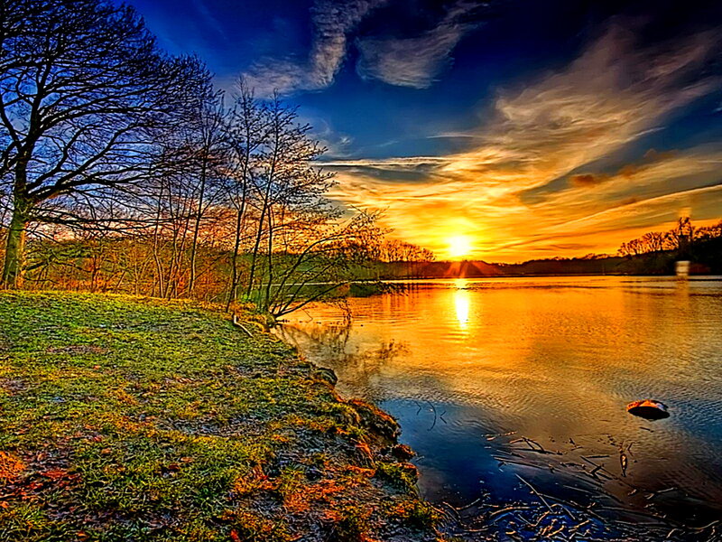 Sunset over Lake — Blue, Dramatic, Photograph, Trees, Sky, Grass