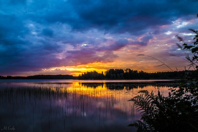 Sunset over Lake — Blue, Dramatic, Photograph, Trees, Sky, Plants