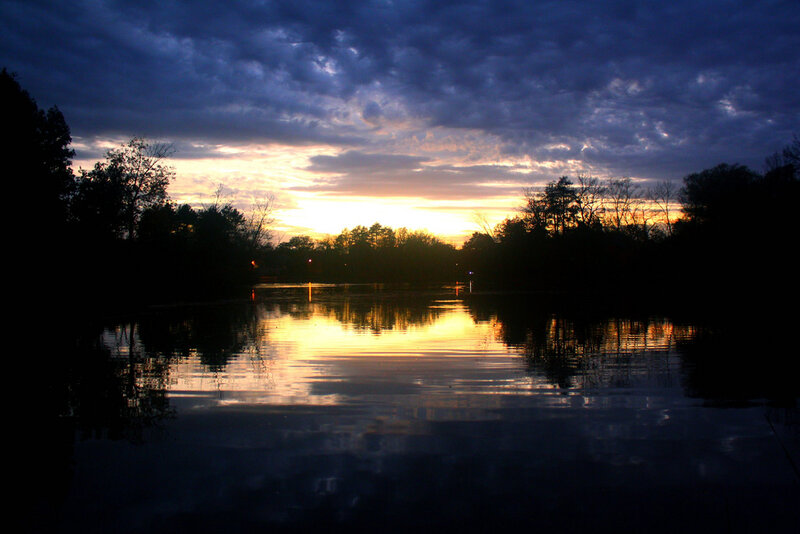 Sunset over Lake — Blue, Dramatic, Photograph, Trees, Sky, Reflection