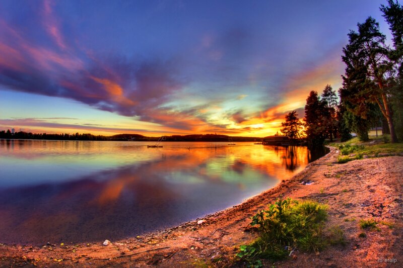 Sunset over Lake — Blue, Dramatic, Photograph, Trees, Sky, Shore