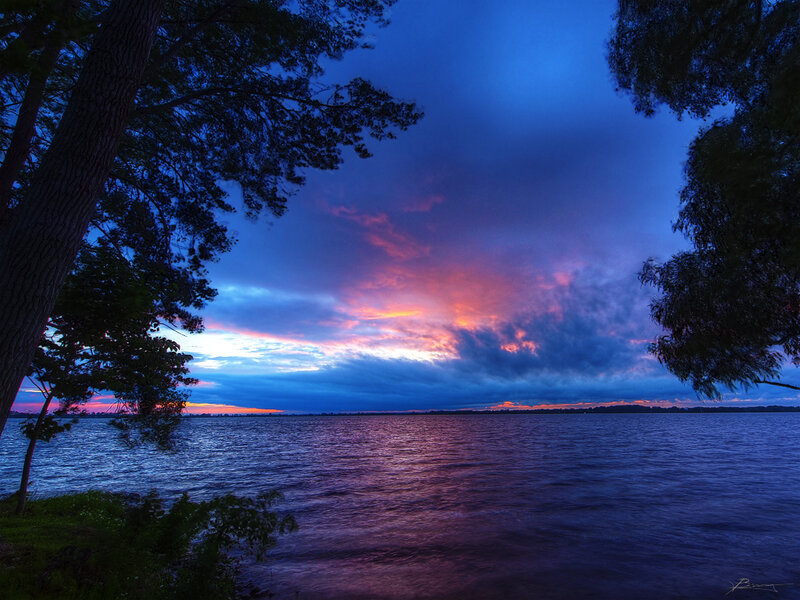 Sunset over Lake — Blue, Dramatic, Photograph, Trees, Sky