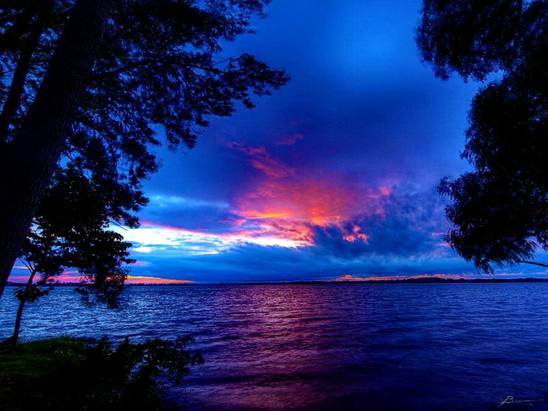 Sunset over Lake — Blue, Dramatic, Photograph, Trees, Sky, Water