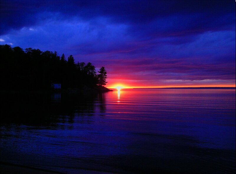 Sunset over Lake — Blue, Dramatic, Photograph, Trees, Sun