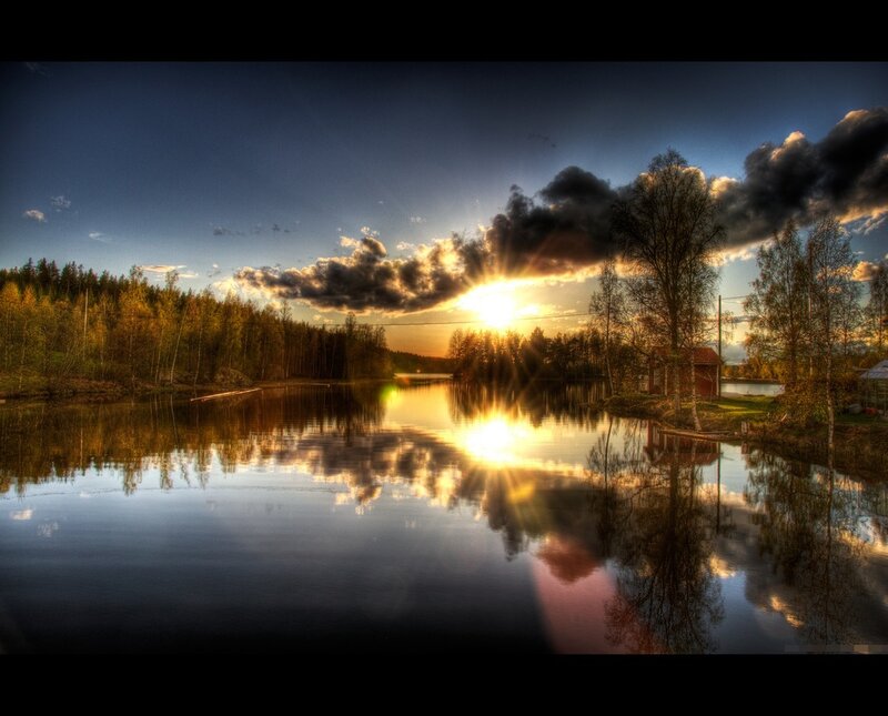 Sunset over Lake — Blue, Dramatic, Photograph, Trees