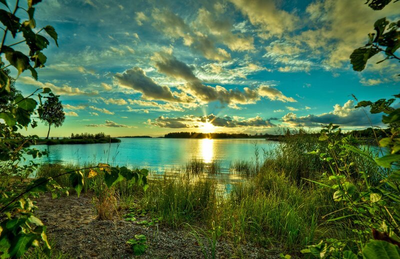 Sunset over Lake — Blue, Grass
