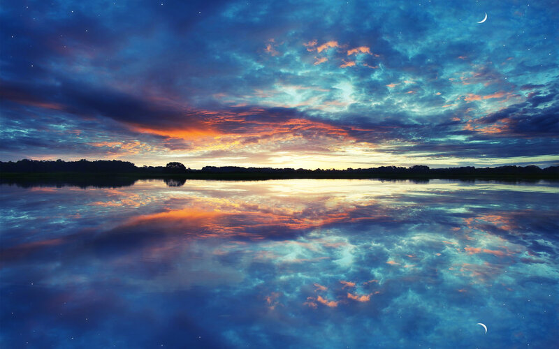 Sunset over Lake — Blue, Serene, Digital Art, Clouds, Moon