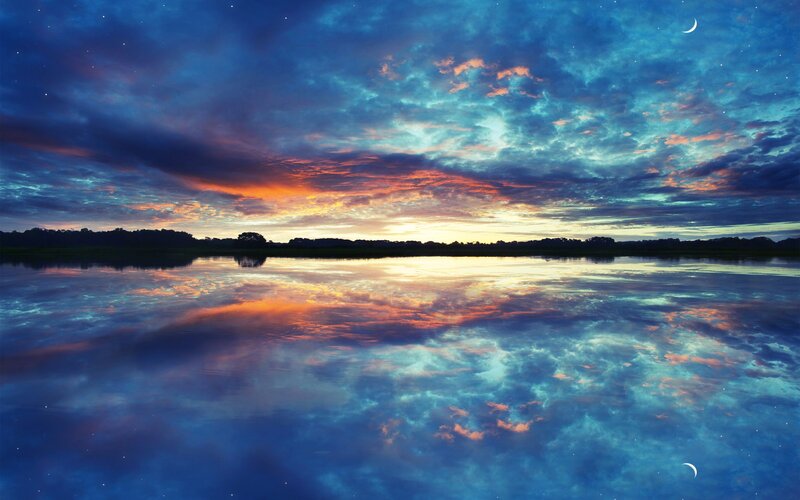 Sunset over Lake — Blue, Serene, Digital Art, Clouds, Moon, Trees
