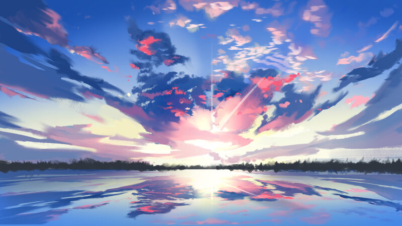 Sunset over Lake — Blue, Serene, Digital Art, Clouds, Reflection