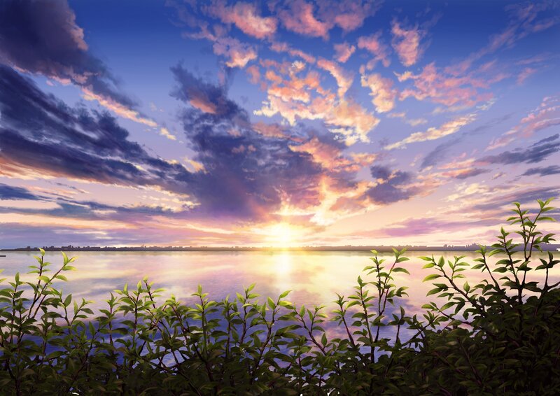 Sunset over Lake — Blue, Serene, Digital Art, Clouds