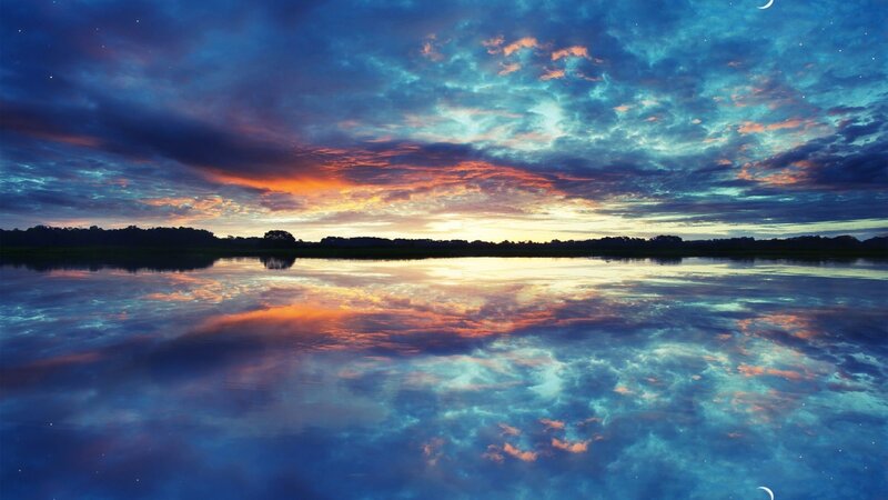 Sunset over Lake — Blue, Serene, Digital Art, Clouds, Trees