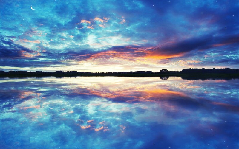 Sunset over Lake — Blue, Serene, Digital Art, Moon