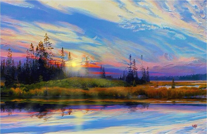 Sunset over Lake — Blue, Serene, Painting