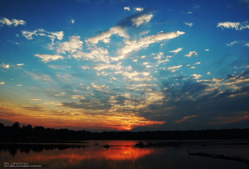 Sunset over Lake — Blue, Serene, Photograph, Clouds, Boats