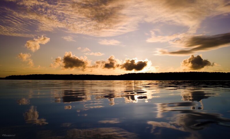 Sunset over Lake — Blue, Serene, Photograph, Clouds, Forest, Reflection