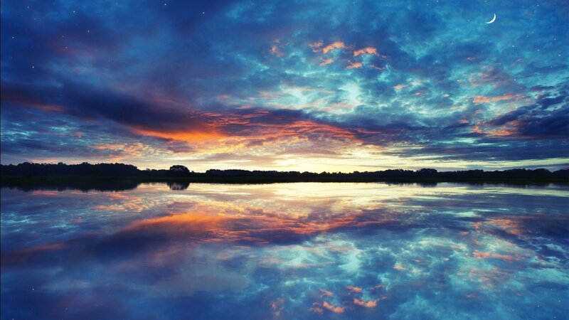 Sunset over Lake — Blue, Serene, Photograph, Clouds, Moon, Trees