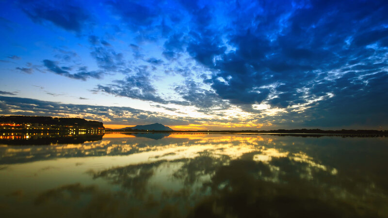 Sunset over Lake — Blue, Serene, Photograph, Clouds, Mountain