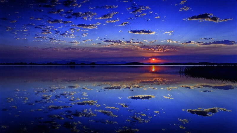 Sunset over Lake — Blue, Serene, Photograph, Clouds, Mountains