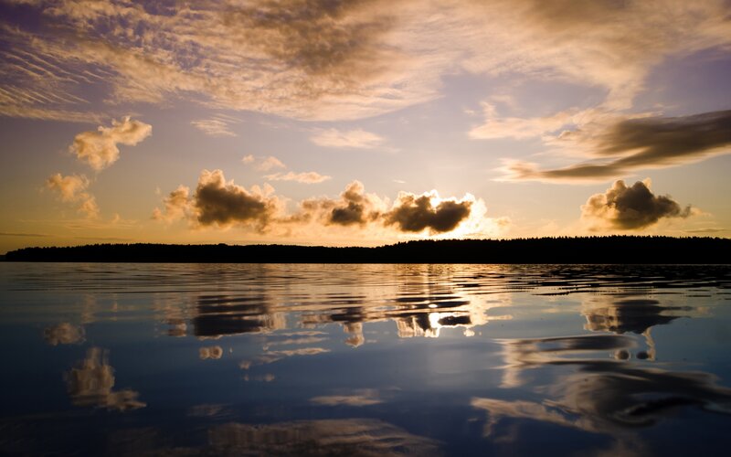 Sunset over Lake — Blue, Serene, Photograph, Clouds, Silhouette