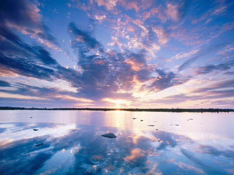 Sunset over Lake — Blue, Serene, Photograph, Clouds, Sun