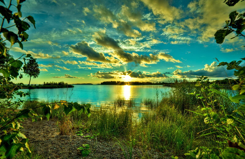 Sunset over Lake — Blue, Serene, Photograph, Clouds, Trees, Grass