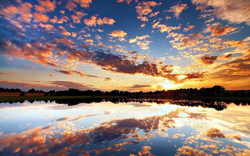 Sunset over Lake — Blue, Serene, Photograph, Clouds, Trees, Reflection