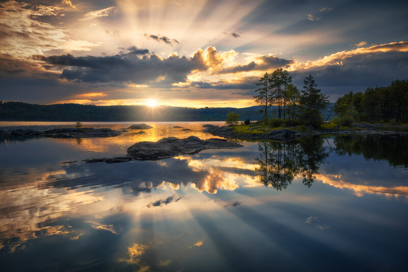 Sunset over Lake — Blue, Serene, Photograph, Clouds, Trees, Rocks