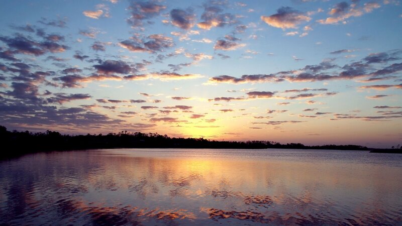 Sunset over Lake — Blue, Serene, Photograph, Clouds, Trees, Sky