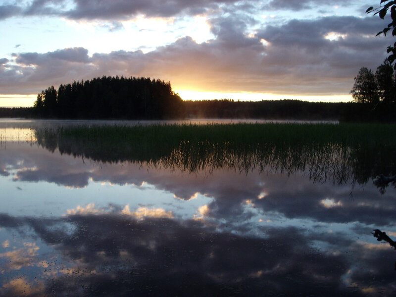 Sunset over Lake — Blue, Serene, Photograph, Clouds, Trees